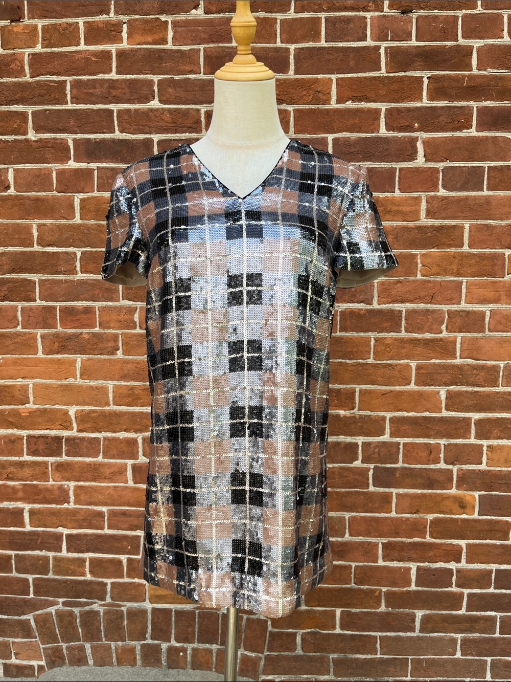 kate spade Sequin Plaid V-Neck Mini Dress in Black and Tan